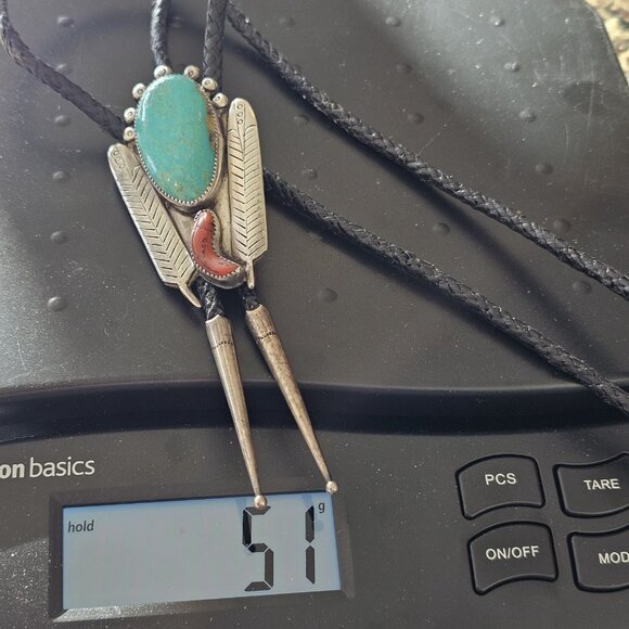 Navajo Turquoise And Coral Sterling Silver Bolo Tie Signed. USA Native American - Picture 14 of 15